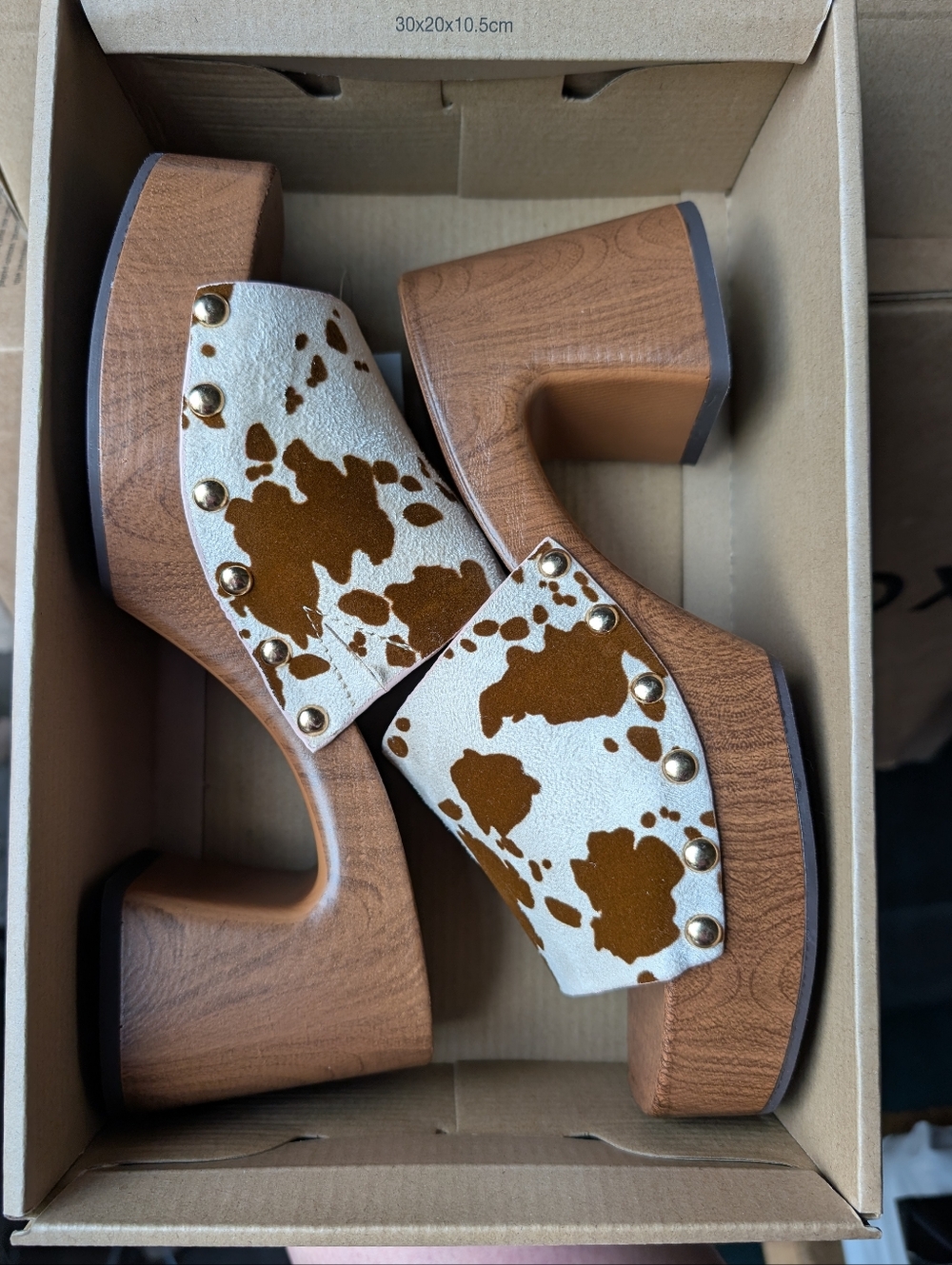 MIA Heeled Sandal Cow Print Size 9 Studded Wooden Heel Retro 70s Summer Chunky - Picture 7 of 11